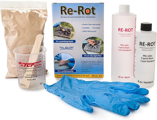 Re-Rot 48 Volume oz Kit - 24 oz 2 Component Liquid/24 oz Filler - Repairs Rot Quickly & Easily, Restores Strength, Rebuilds Missing Wood - Rapid Drying - Sandable/Paintable - 3 Products in 1