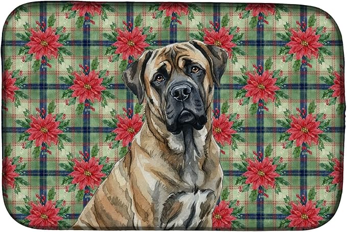 Caroline's Treasures Brindle Mastiff Christmas PoinsettIas Dish Drying Mat Absorbent Dish Drying Mat Pad for Kitchen Counter Dish Drainer Mat for Countertop, 14 x 21", Multicolor