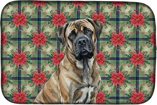 Caroline's Treasures Brindle Mastiff Christmas PoinsettIas Dish Drying Mat Absorbent Dish Drying Mat Pad for Kitchen Counter Dish Drainer Mat for Countertop, 14 x 21", Multicolor