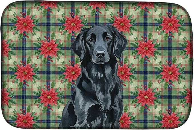 Caroline's Treasures Black Flat-Coated Retriever Christmas PoinsettIas Dish Drying Mat Absorbent Dish Drying Mat Pad for Kitchen Counter Dish Drainer Mat for Countertop, 14 x 21", Multicolor