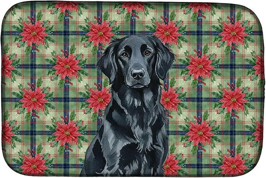 Caroline's Treasures Black Flat-Coated Retriever Christmas PoinsettIas Dish Drying Mat Absorbent Dish Drying Mat Pad for Kitchen Counter Dish Drainer Mat for Countertop, 14 x 21", Multicolor