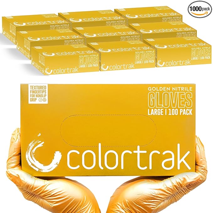 Colortrak Disposable Nitrile Gloves, Gold, Luminous Collection Latex-Free, Powder-Free Hair Color Gloves for Chemical Processing & Salon Services, 1000 Count (10 Boxes), Large