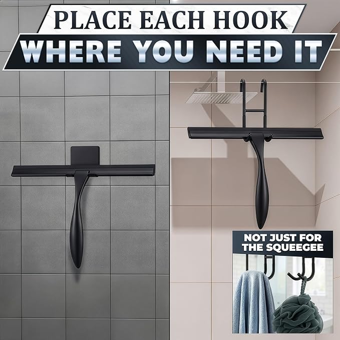 Shower Door Squeegee with Hook - 10" Silicone Blade, Stainless Steel Black Squeegee for Shower Glass with Adhesive Mount - All-Purpose Bathroom Tile, Mirror, & Window Wiper for Streak-Free Cleaning
