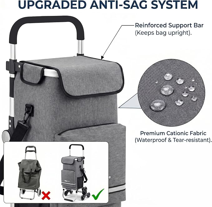 Stair Climbing Cart - Shopping Cart with Wheels for Stairs, Foldable Tri-Wheel Grocery Cart for Seniors & Apartments, 55L Bag with Insulated Cooler, Adjustable Handle, 110 Lbs, Waterproof