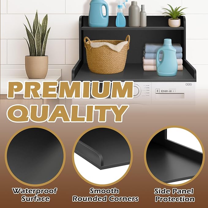 Royxen Washer Dryer Countertop with Shelf,2-Tier Laundry Countertop for Single Washer and Dryer,Soild Wood Core Washer Dryer Topper for Laundry Room Organization (Black) ﻿