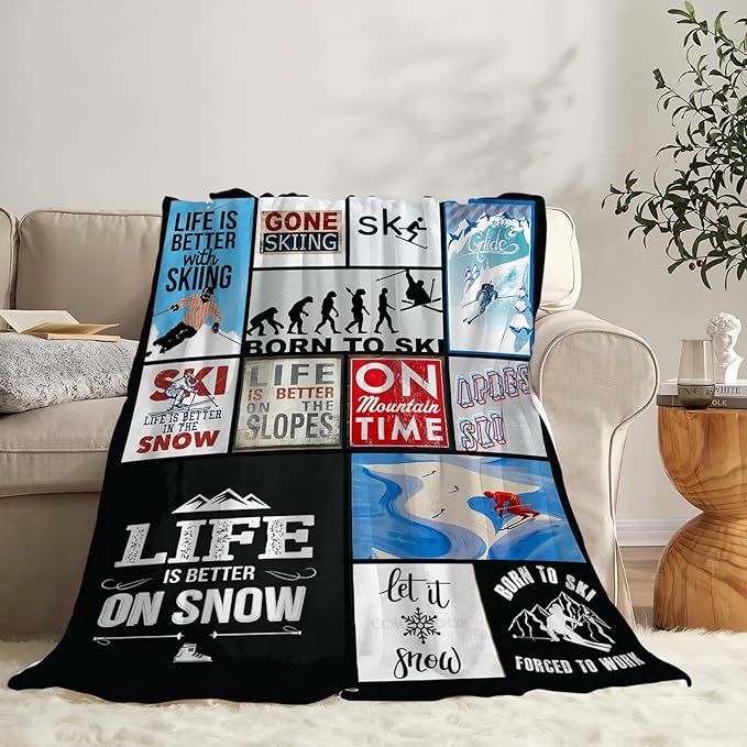 Tijuboni Ski Throw Blanket Skiing Gifts for Girls Boys Women Men Kids Adults Soft Flannel Fleece Blanket for Couch Sofa Bed Home Decor 50"x60"