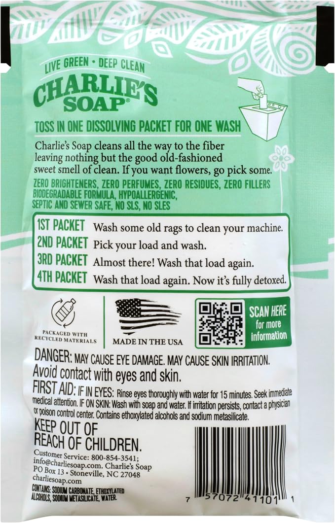 Charlie's Soap - Unscented Laundry Packets - Travel Size (2 Pack, 8 Total Loads)