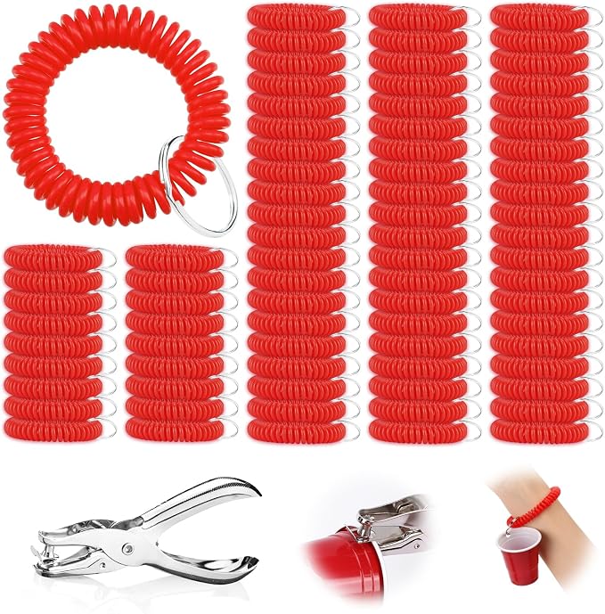100 Pcs Red Stretchable Wristband for Shot Cups Wrist Coil Keychain with Hole Puncher Plastic Wristlet Keychain Kit for Shot Tasting Glasses Sports Game Party Supplies