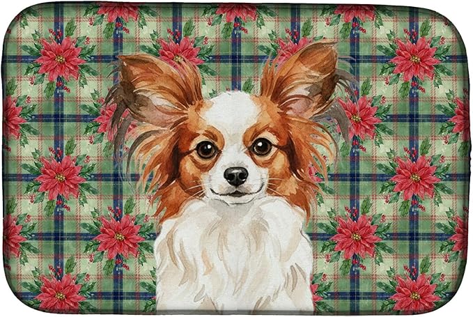 Caroline's Treasures White with Red Papillon Christmas PoinsettIas Dish Drying Mat Absorbent Dish Drying Mat Pad for Kitchen Counter Dish Drainer Mat for Countertop, 14 x 21", Multicolor