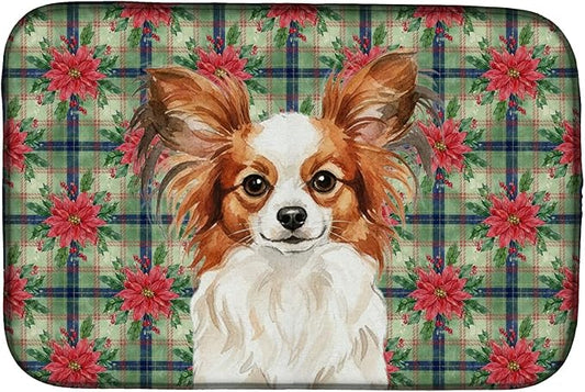 Caroline's Treasures White with Red Papillon Christmas PoinsettIas Dish Drying Mat Absorbent Dish Drying Mat Pad for Kitchen Counter Dish Drainer Mat for Countertop, 14 x 21", Multicolor