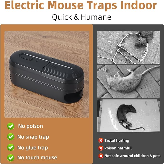 Electric Mouse Trap Zapper with Powerful Voltage, Electronic Mice Traps Indoor Use, Reusable Electric Rodent Zapper Battery or Adaptor Operated Mouse Shock Killer for Kitchen Attic Home