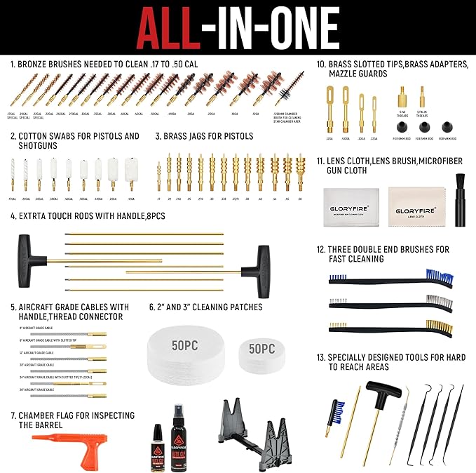 GLORYFIRE Universal Gun Cleaning Kit for Handgun Shotgun & Pistol,Elite Gun Cleaning Set with High-end Brass Brushes, Mops, Jags, Reinforced Rods and Gun Cleaning Snake&Ropes
