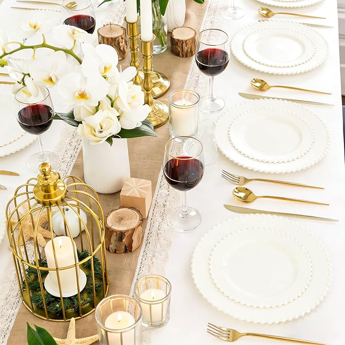 60PCS Ivory Plastic Plates - Beaded Ivory Disposable Plates - Premium Cream Plastic Plate Include 30 Dinner & 30 Dessert Disposable Plate for Birthday, Baby Shower Spring, Wedding & Party