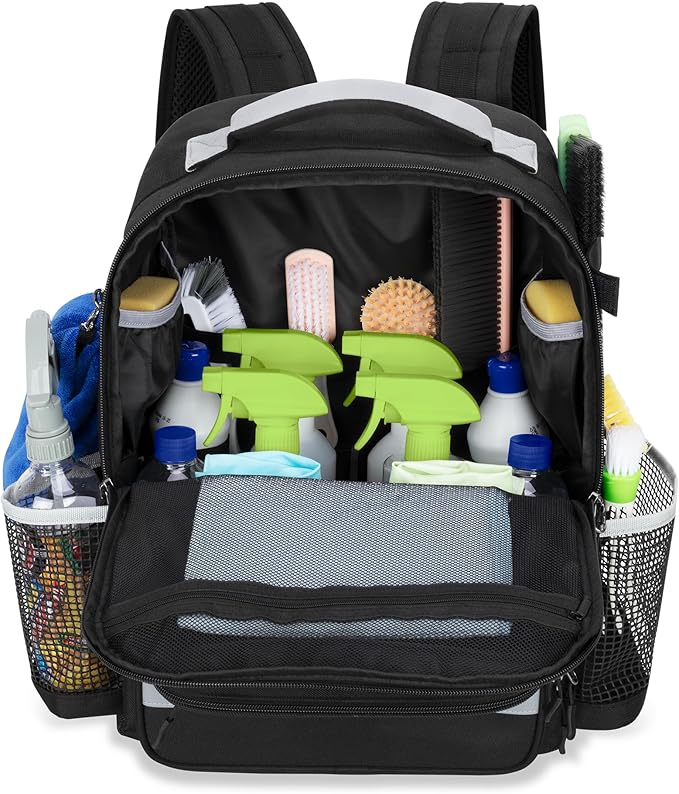 HODRANT Cleaning Backpack with Bottom Plate & Waterproof Bottom, Large Supplies Bag with Multiple Pockets for Housekeeping Tools, Cleaning Products Caddy Organizer for Home & Car
