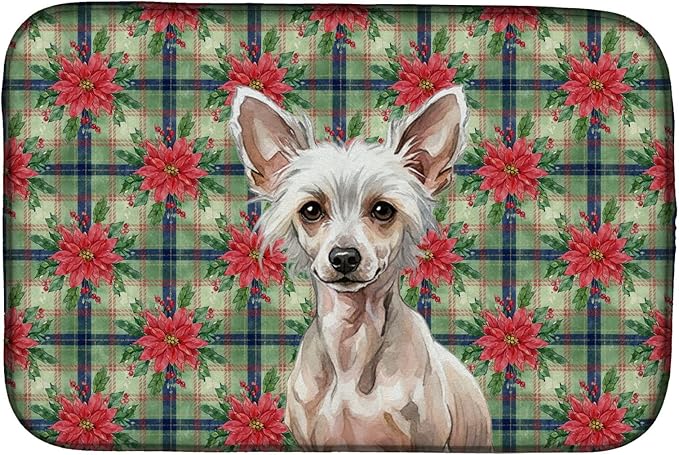 Caroline's Treasures Hairless Chinese Crested Christmas PoinsettIas Dish Drying Mat Absorbent Dish Drying Mat Pad for Kitchen Counter Dish Drainer Mat for Countertop, 14 x 21", Multicolor