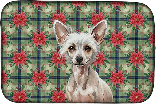 Caroline's Treasures Hairless Chinese Crested Christmas PoinsettIas Dish Drying Mat Absorbent Dish Drying Mat Pad for Kitchen Counter Dish Drainer Mat for Countertop, 14 x 21", Multicolor