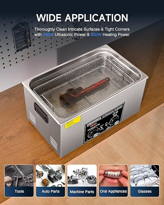 CREWORKS 22L Ultrasonic Cleaner with Heater and Timer, 480W Stainless Steel Ultrasonic Cleaner Machine with Degas & Gentle Modes, Ultrasonic Parts Cleaner with Knob Control for Machine Part Auto Tool
