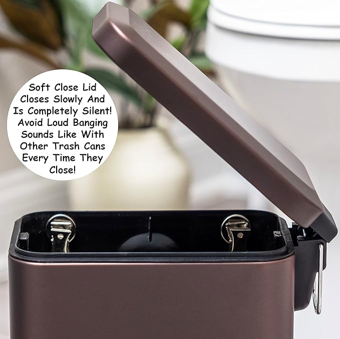 Homie Soft Close, Slim Trash Can 1.6 Gallon with Anti - Bag Slip Liner and Lid, Use as Mini Garbage Basket, Slim Dust Bin, or Decor in Bathroom, Restroom, Kitchen, or Bedroom (Bronze)