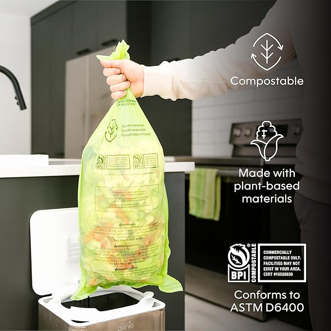 Kitchen Compost Bin, White Stainless-Steel Large, 3.6 Gallon, Indoor Odorless Composting, Hands-Free, Washable Parts, Includes 8 Tear-Off Compostable Bags and 1 Carbon Filter