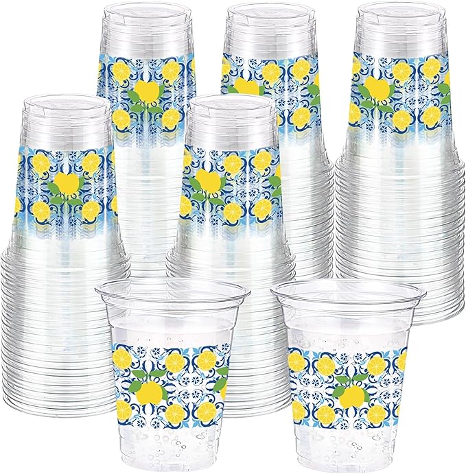 Jingmore 100 Pcs Capri Lemon Plastic Cups 12oz Blue Tiles Yellow Lemon Disposable Clear Plastic Drinking Cups for Birthday Wedding Bridal Baby Shower Summer Citrus Fruit Party Decorations Supplies