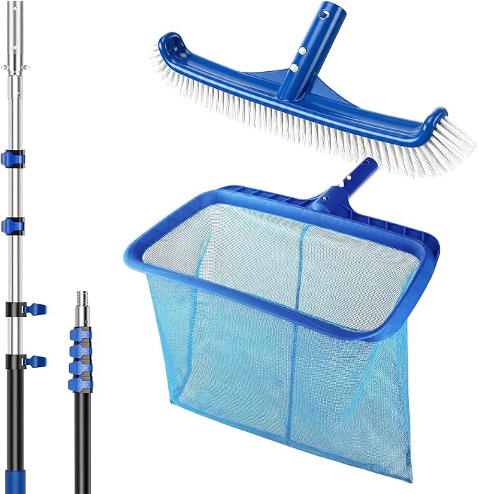 Pool Cleaning Kit with Pole 4-16 ft, Pool Brush with Pole & Mesh Pool Skimmer Net with Pole, Telescopic Pool Pole, Pool Net and Accessories for Above/in Ground Spas & Hot Tubs