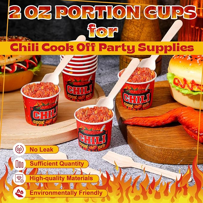 Teenyyou 100 Pcs Chili Cook off Party Decorations, 50 Pcs 2 oz mini Chili Cook off Tasting Cups Disposable Sample Paper Cups and 50 Wooden Spoons for Competition Prizes Party Cooking Supplies (Red)