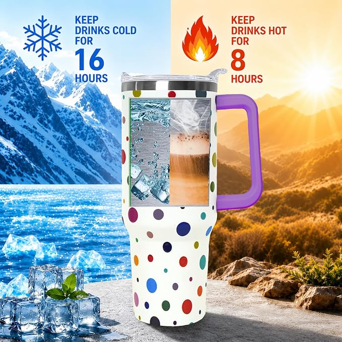Ceovfoi 40oz Polka Dot Tumbler with Handle Lid Straw, Vacuum Insulated Coffee Mug Water Bottle, Classic Print Decor Gifts for Women