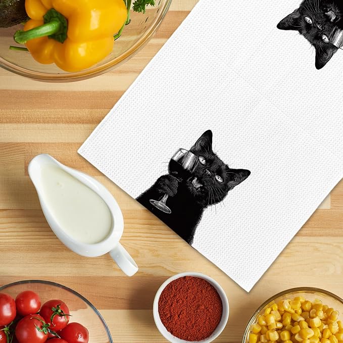 Funny Black Cat Wine Kitchen Towels, Gifts for Dog Wine Lovers, Bar Accessories Dish Tea Towels for Kitchen, Dog Owners Housewarming Gift Decorative Hand Towel 16x24 Inch