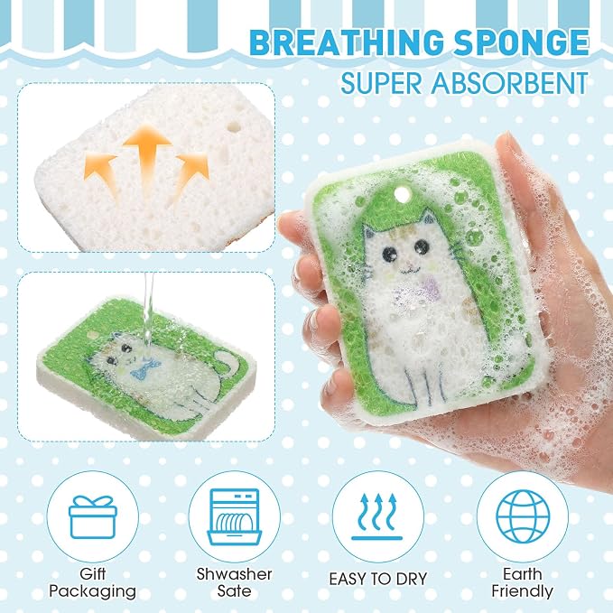 Maxdot 50 Counts Compressed Cellulose Sponges Bulk Cat Style Natural Kitchen Compostable Non Scratch Dish Sponges for Washing Dishes, Cleaning Countertop Sink, Kids DIY