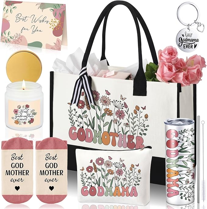 Patelai 7 Pcs Godmother Proposal Gift Set Will You Be My Godmother Ideas God Mother Gifts for Women 20oz Tumbler Canvas Tote Makeup Bag Gift Set from Godchild for Mother's Day Birthday Baptism