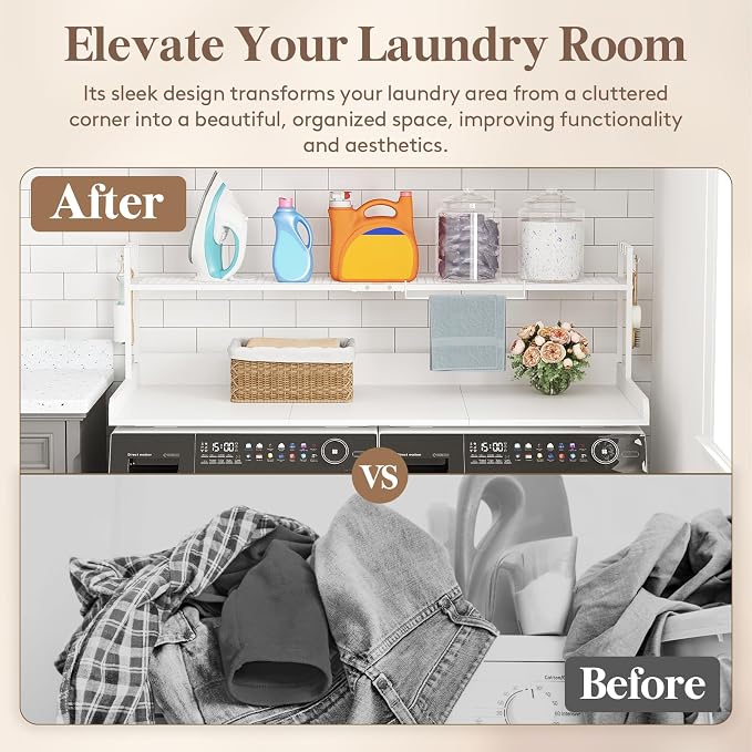 Lifewit Washer Dryer Countertop with Adjustable Shelf, Melamine Cover for The Top with Edge Rails, Towel Rack for Laundry Room Storage and Organization, Hold 200lbs, White, 54" x 27.5"