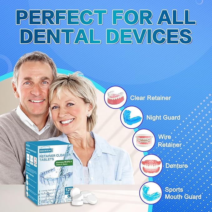 Retainer Cleaner Tablets, Denture Cleaner Effervescent Tablets - 120 Count, 4 Month Supply, Remove Stains & Odors for Clear Aligners, Night Guards, Mouthguards, Non-Abrasive, Bleach-Free