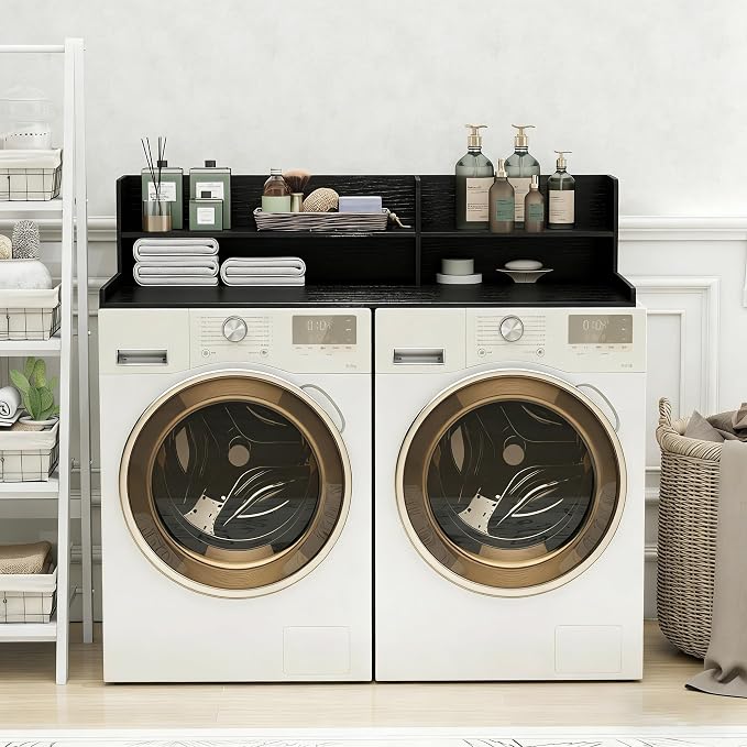 Wooden Washer Dryer Countertop Shelf, Laundry Countertop,54.7"X 28.3"Black | Washer And Dryer Countertop Adjustable Shelf,Washing Machine Topper 3-In-1 Folding Sorting & Ironing,Space Saving Laundry