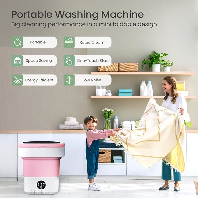 Portable Washing Machine 20L - Mini Washer with Spin Basket, 3 Cleaning Modes & Deep Wash for Small Clothes, Foldable Laundry for Apartment, Home, RV and Travel (Pink)