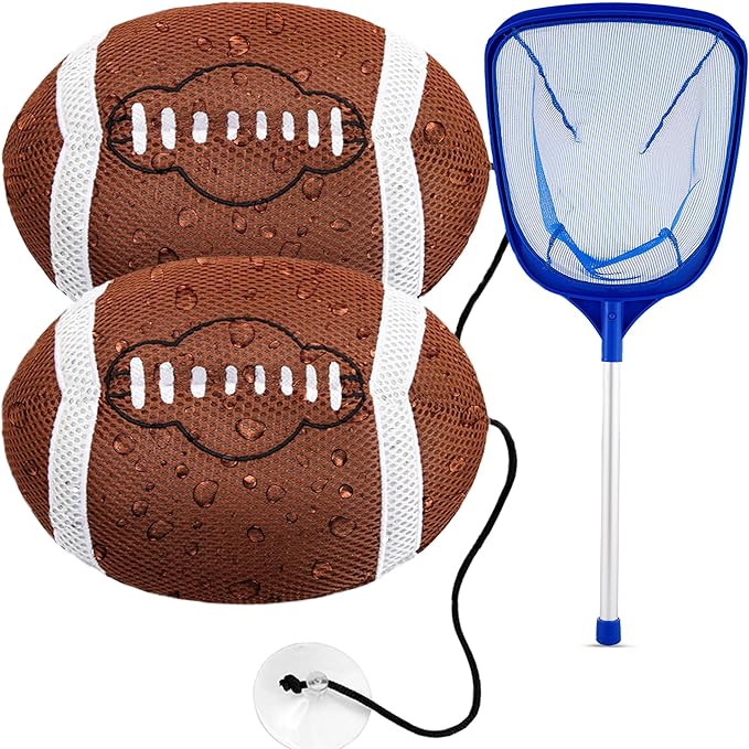 Football Hot Tub Scum Absorber 2 Pack with Pool Net Skimmer – Floating Spa Hot Tub Scum Sponge for Oils & Surface Debris, Reusable Scum Sponge for Hot Tub, Complete Hot Tub Accessories Set