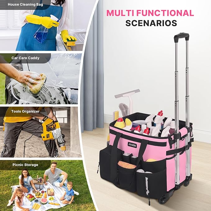 JKAOO Large Rolling Cleaning Caddy Bag with Detachable Trolley, Waterproof Cleaning Caddy on Wheels for Housekeepers, Cleaning Cart Supplies Organizer for Home,Car,Office,Picnic (Pink) (in Patent)