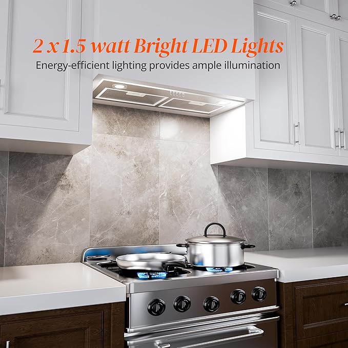 FIREGAS Range Hood 28 Inch, Built-in Stainless Steel Kitchen Vent Hood with 450 CFM, 3 Speed Exhaust Fan, 2 LED Lights & Button Control, Ducted/Ductless Convertible