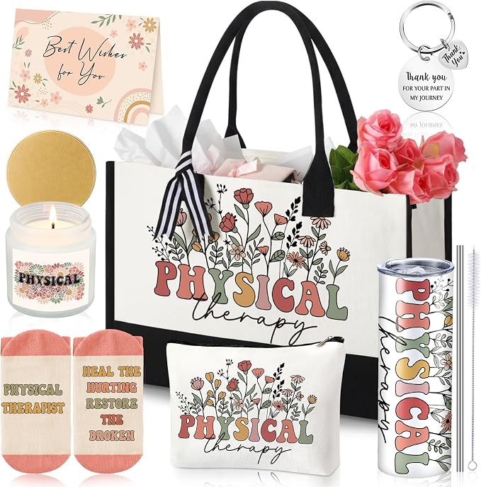 Patelai 7 Pcs Physical Therapy Gifts for Women PT Appreciation Gifts Set for Graduation Birthday with 20 oz Tumbler Canvas Tote Bag for Physical Therapist Assistant Doctor Nurse Staff Coworker