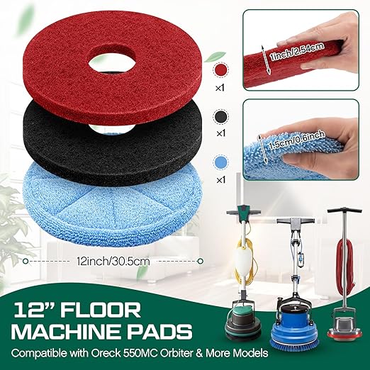 Batiyeer 3 Pack 12" Commercial Microfiber Carpet Bonnet Mopping Buffing Pad Floor Machine Pads Compatible with BGEM9000, ORB550MC Floor Machines, and Orbiter Pads 437053 (Blue,Black,Red)