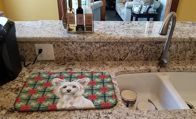 Caroline's Treasures Powderpuff Chinese Crested Christmas PoinsettIas Dish Drying Mat Absorbent Dish Drying Mat Pad for Kitchen Counter Dish Drainer Mat for Countertop, 14 x 21", Multicolor