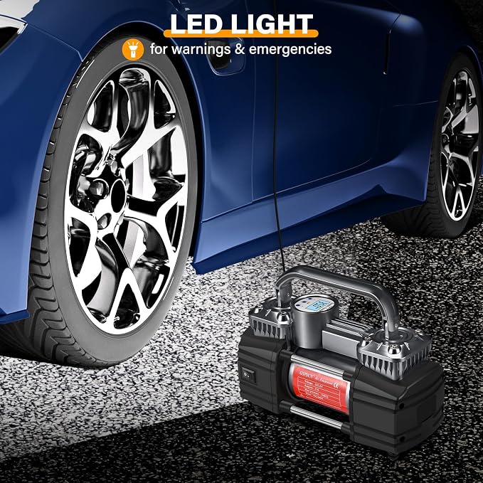 GSPSCN Heavy Duty Digital Tire Inflator 12V Portable Air Compressor Pump | 6X Faster Inflation Auto Shut-off Double Cylinders Metal Air Pump 150Psi with LED Light for Pickup,Truck,Car,Bicycles,RV,SUV