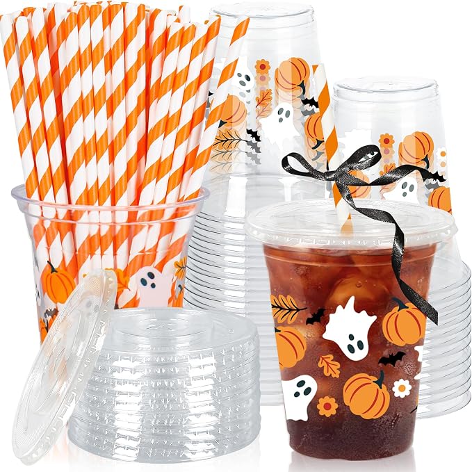 Whaline 50Pcs 12Oz Halloween Plastic Cups with Lids & Straws Pumpkin Ghost Disposable Clear Drinking Cups with Black Ribbon for Birthday Party Supplies