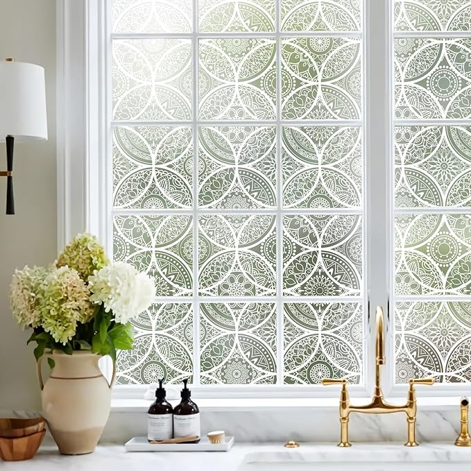 DKTIE Bohemian Decor Stained Glass Window Film with Installation Tools, Two-Way Window Privacy Film, Reduce Glare, Pure White, 35.4 x 118.1 Inch