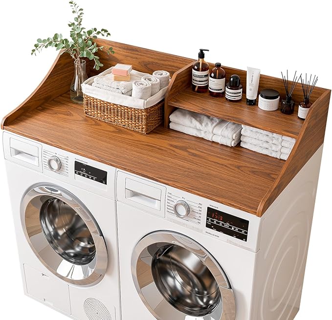Memobarco 2 Tiers Washer Dryer Countertop, 54" Width x 27.5" Depth Laundry Countertop Organization, Wooden Washer and Dryer Topper for Folding, Sorting & Ironing, Easy to Install, Walnut