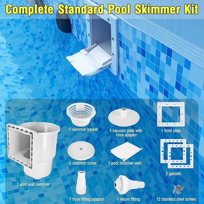 Above Ground Pool Skimmer Kit, Standard Thru-Wall Skimmer, Pool Wall Skimmer, Complete Above Ground Pool Skimmer Box System (White)