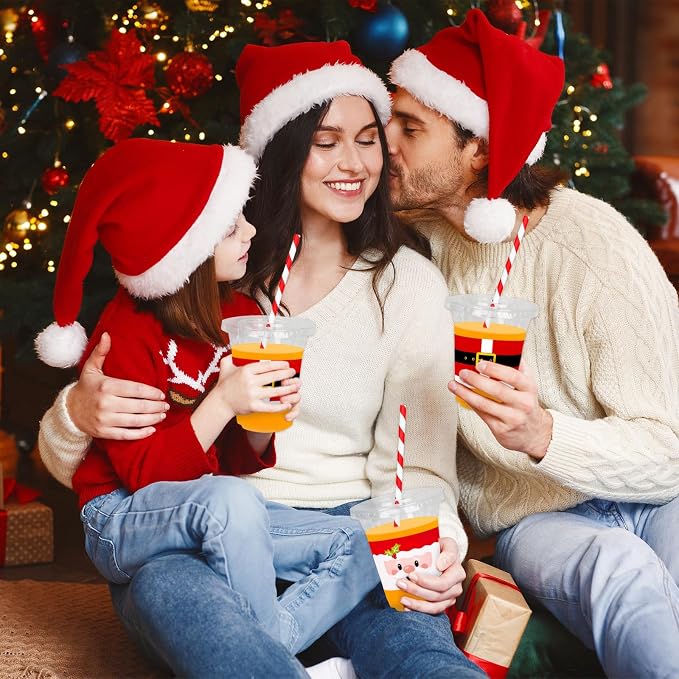FYSUIMU 50Pcs 12Oz Christmas Disposable Plastic Cups with Lids and Straws Santa Claus Belt Cold Beverage Drinking Cup for Winter Holiday Xmas Party Favor Supplies