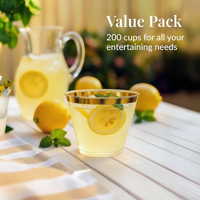 Prestee Hard Disposable Cups - Heavy Duty Fancy Plastic Cups - Plastic Cocktail Drinkware - Disposable Drinking Cup 9 oz - Bulk Drinking Glasses for Wedding - 200ct Gold Tumblers (Pack of 2)