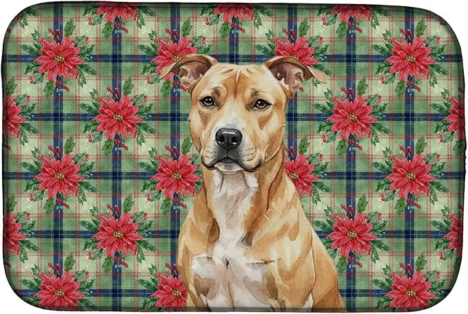 Caroline's Treasures Fawn American Staffordshire Terrier Christmas PoinsettIas Dish Drying Mat Absorbent Dish Drying Mat Pad for Kitchen Counter Dish Drainer Mat for Countertop, 14 x 21", Multicolor