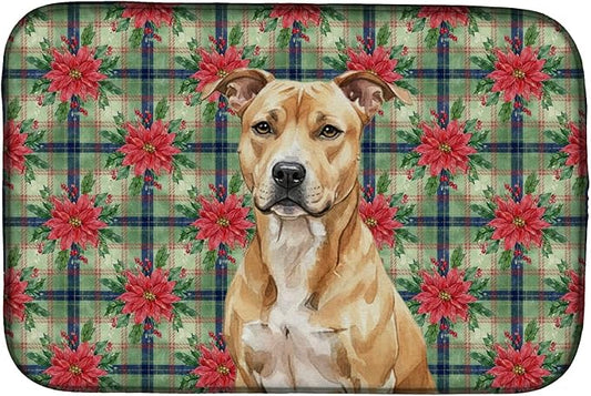 Caroline's Treasures Fawn American Staffordshire Terrier Christmas PoinsettIas Dish Drying Mat Absorbent Dish Drying Mat Pad for Kitchen Counter Dish Drainer Mat for Countertop, 14 x 21", Multicolor