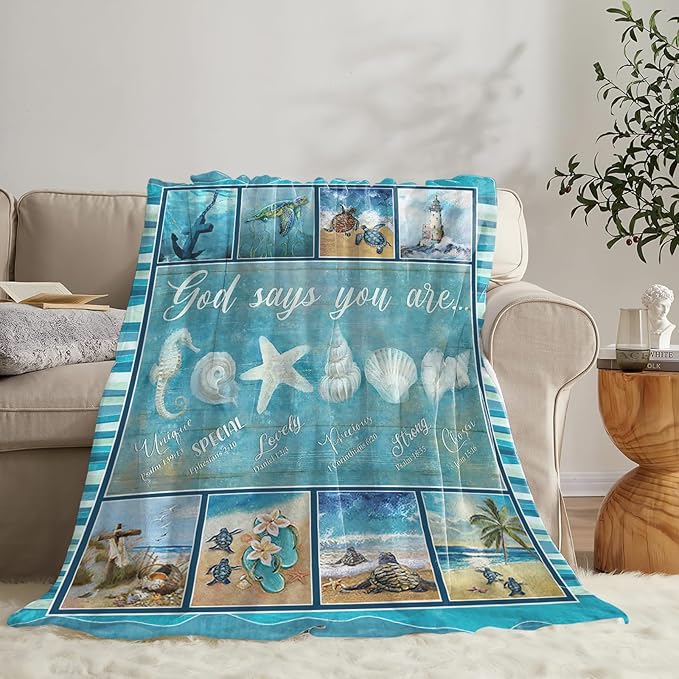 Tijuboni Ocean Nautical Throw Blanket Beach Seashells Gifts for Girls Boys Women Men Kids Adults Soft Flannel Fleece Blanket for Couch Sofa Bed Home Decor 50"x60"